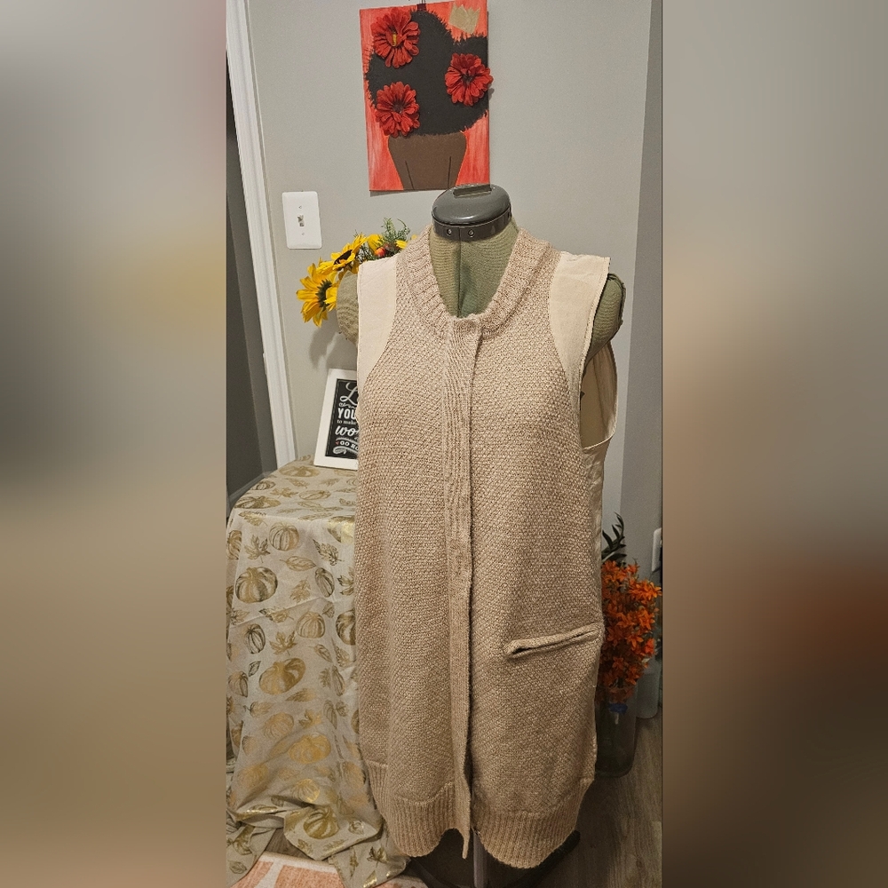 Shae Sweater Zipper Sleeveless Beige Knit Vest Sz Lg Excellant Condition